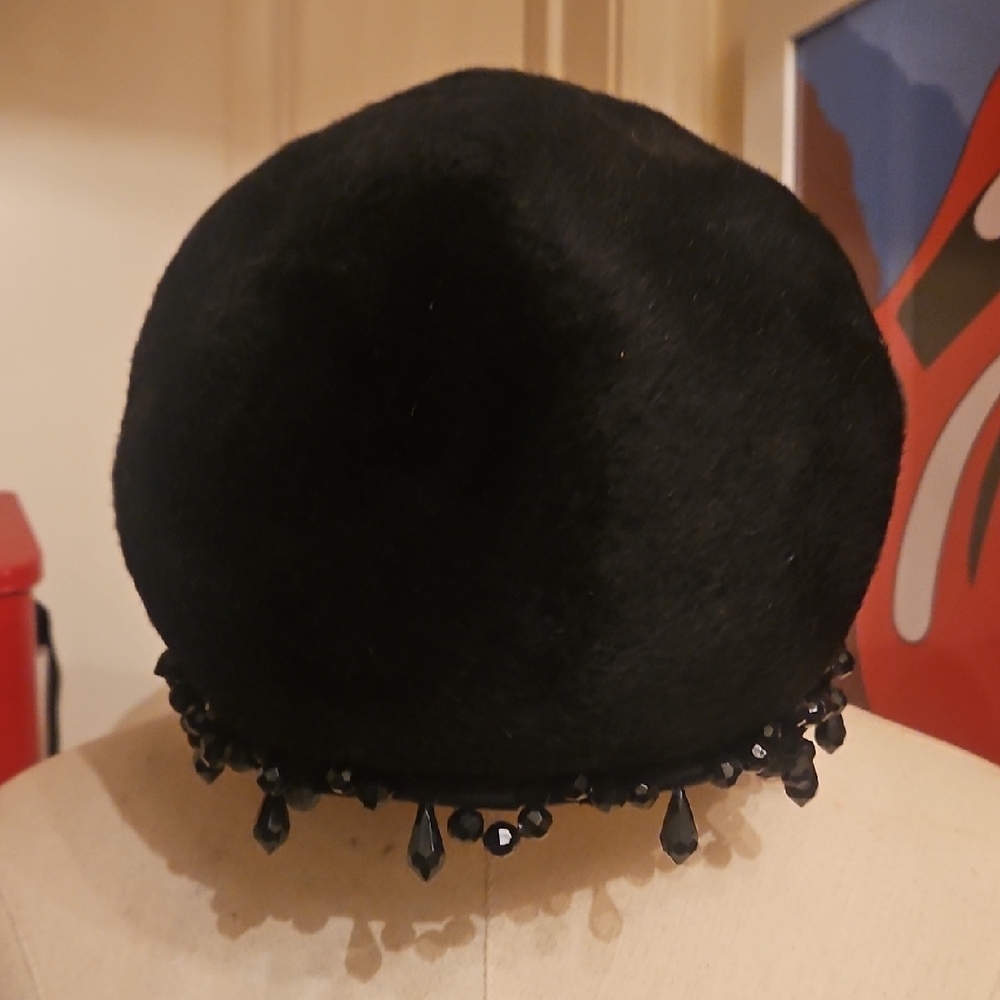Dior Black Fur Hat/ Chapeaux with Beaded Embellishment - Picture 3 of 6